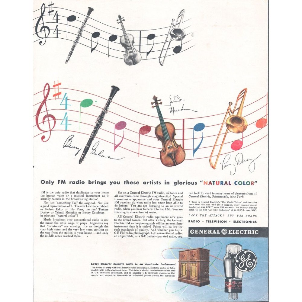 1944 GE General Electric Floor Model FM Radio Vintage Print Ad Instruments Art